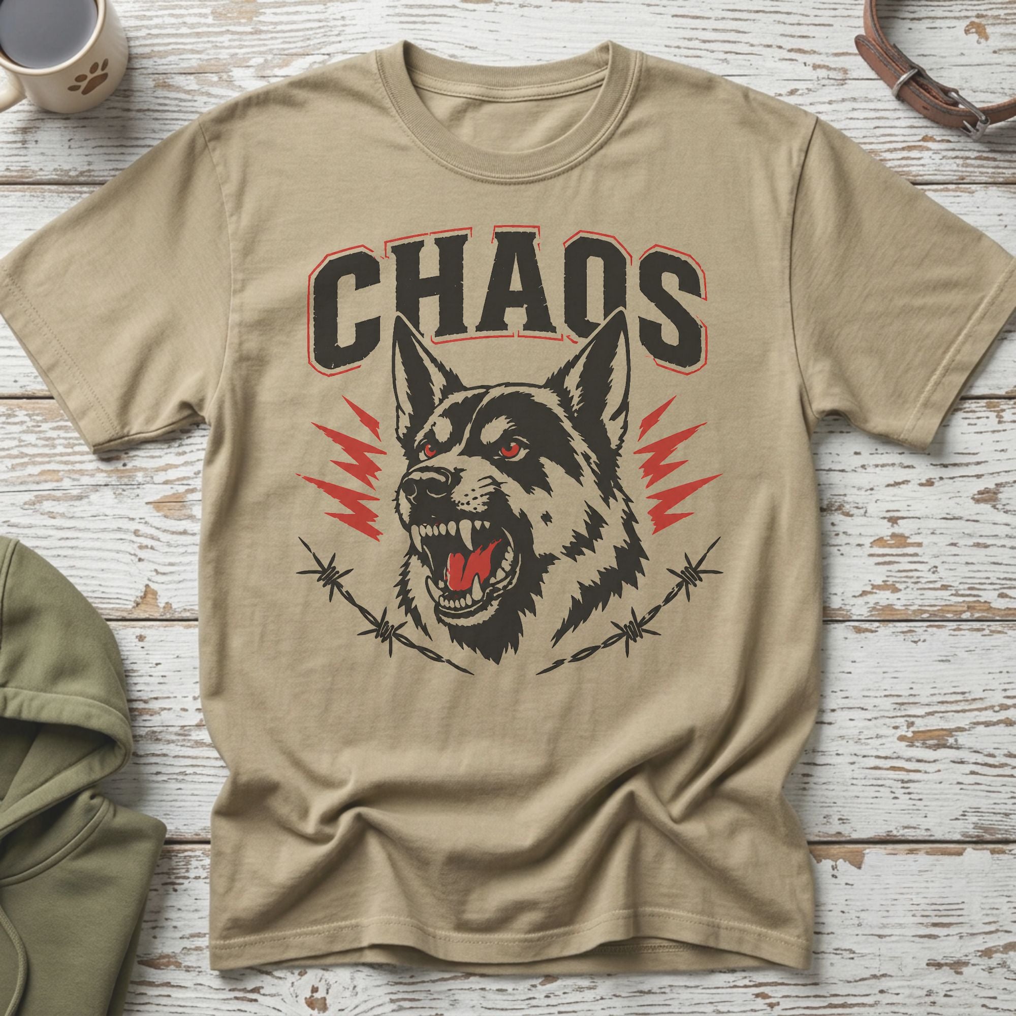 T-shirt with distressed "CHAOS" text and a snarling wolf head graphic.