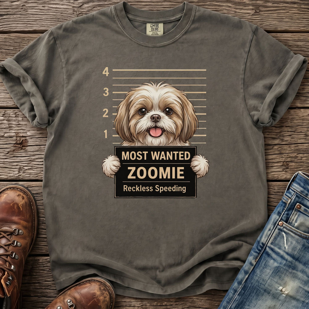 T-shirt with Shih Tzu mugshot graphic: "Most Wanted Zoomie, Reckless Speeding."
