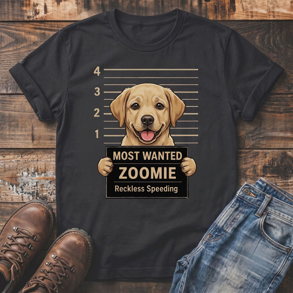 Labrador retriever mugshot on t-shirt reading "Most Wanted Zoomie Reckless Speeding".
