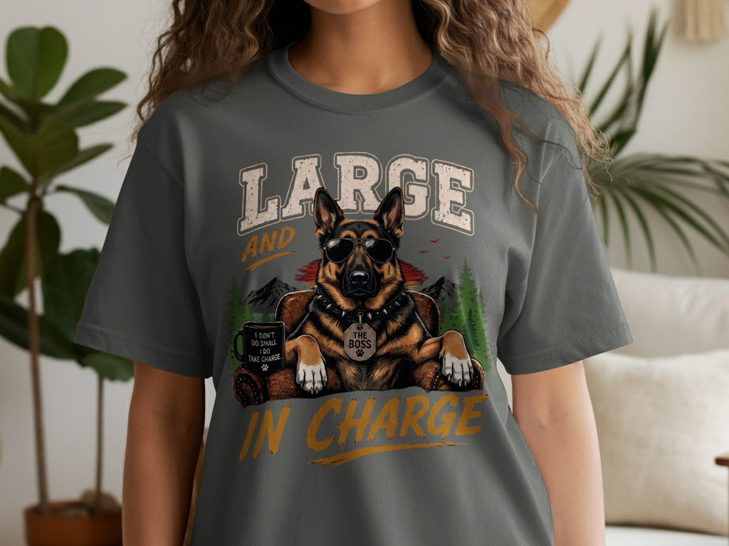 German Shepherd wearing sunglasses and a collar, with text "LARGE AND THE BOSS IN CHARGE".