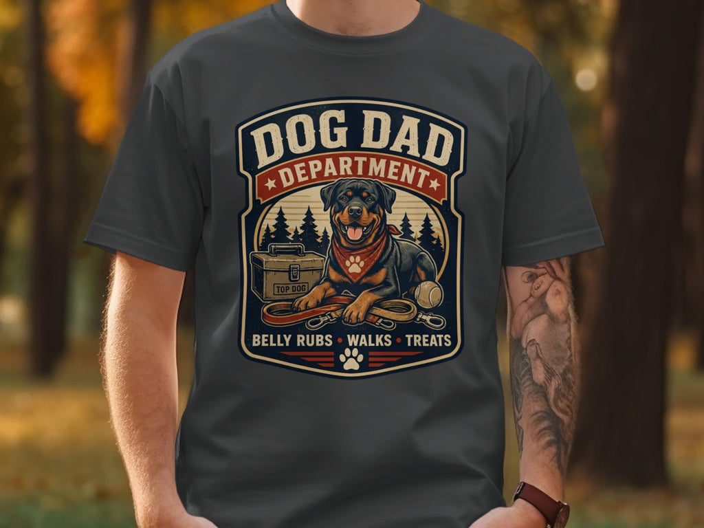Dog Dad Department graphic with Rottweiler, leash, and treats text.