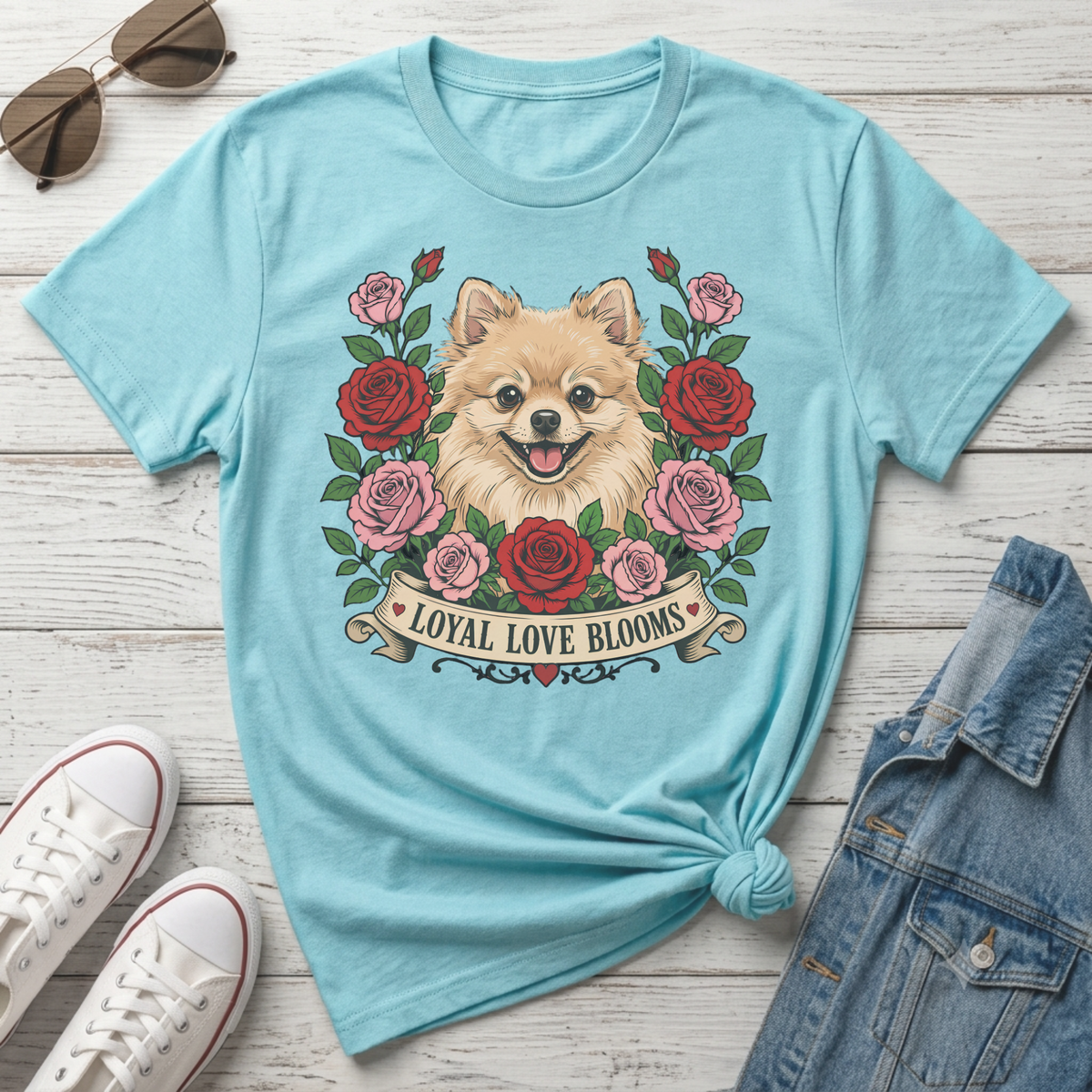 Pomeranian dog surrounded by red and pink roses with "LOYAL LOVE BLOOMS" text.