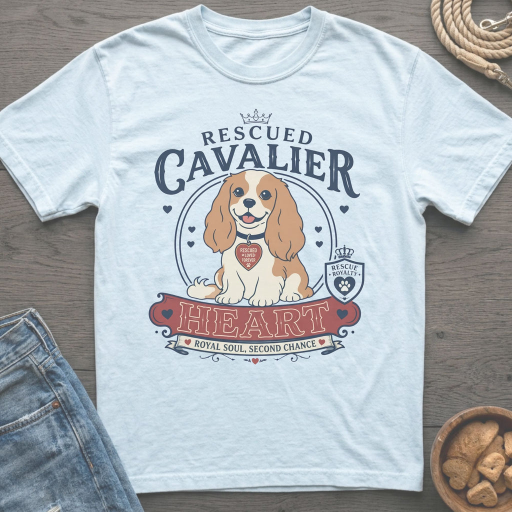 Light blue t-shirt with a Cavalier King Charles Spaniel graphic and text.