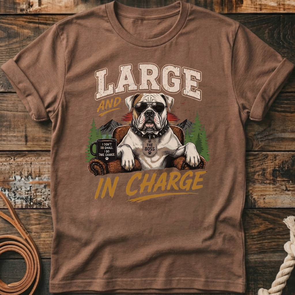 Bulldog wearing sunglasses and "The Boss" tag, "Large and In Charge" text.