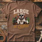 Bulldog wearing sunglasses and "The Boss" tag, "Large and In Charge" text.