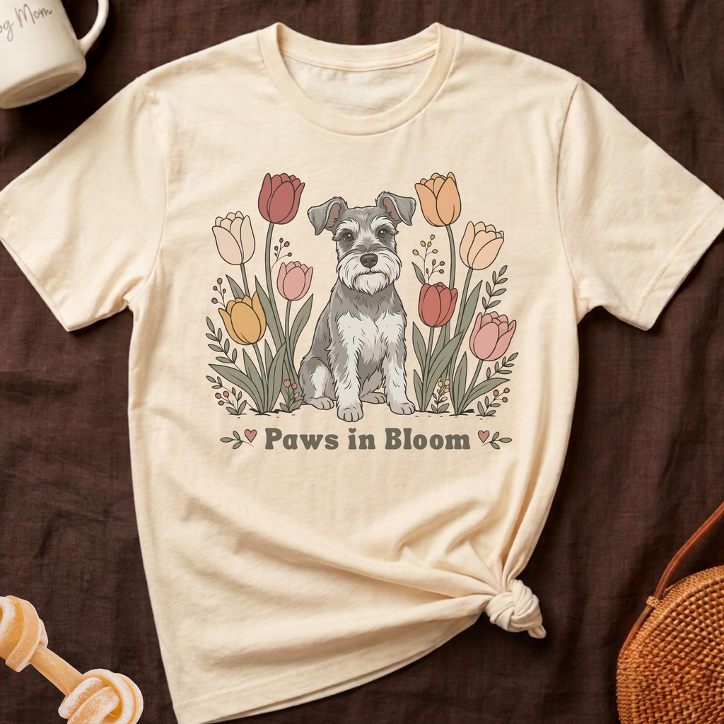 Cream t-shirt with a schnauzer in front of blooming tulips and text "Paws in Bloom".