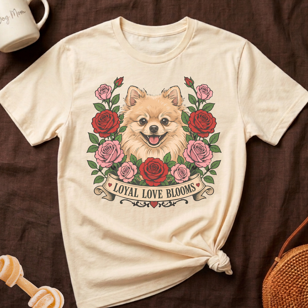 Cream t-shirt with Pomeranian dog surrounded by roses and the text "LOYAL LOVE BLOOMS".