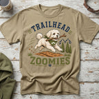 T-shirt graphic: dog with stick, "TRAILHEAD ZOOMIES" text, mountains, trees.