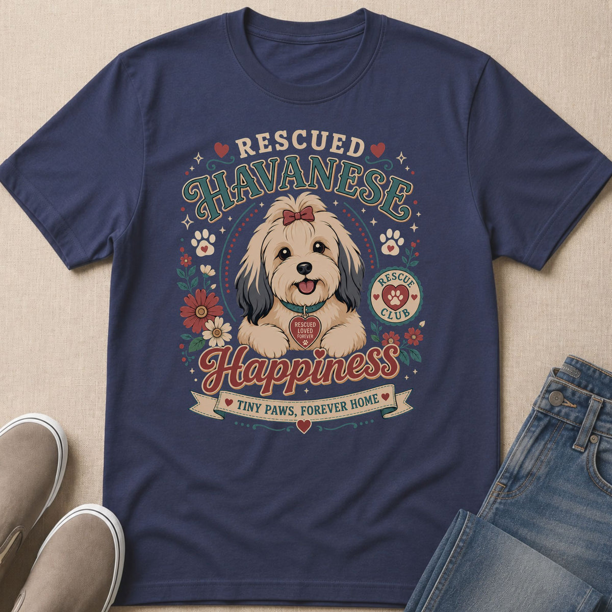 T-shirt with "Rescued Havanese Happiness" text and a happy dog illustration.