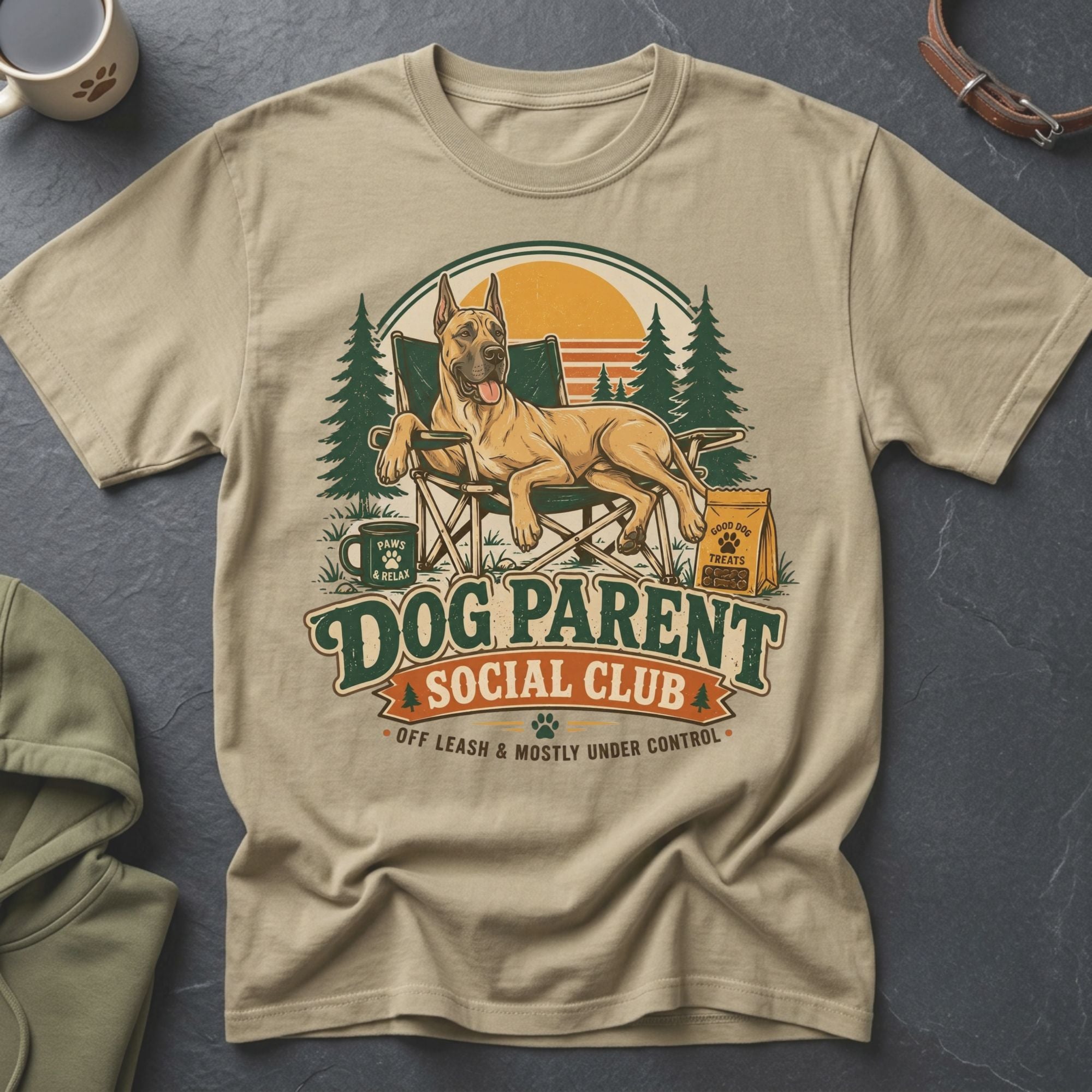 Great Dane relaxes on a camping chair with text: Dog Parent Social Club.