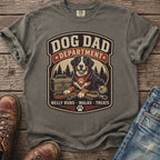 Grey t-shirt with a "Dog Dad Department" graphic featuring a dog and park elements.