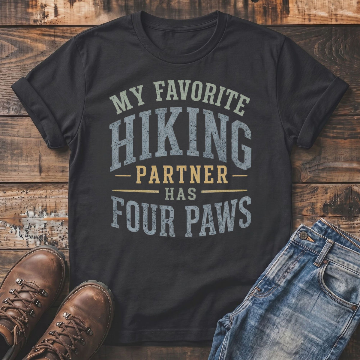 Dark t-shirt with "My Favorite Hiking Partner Has Four Paws" graphic, boots, and jeans.