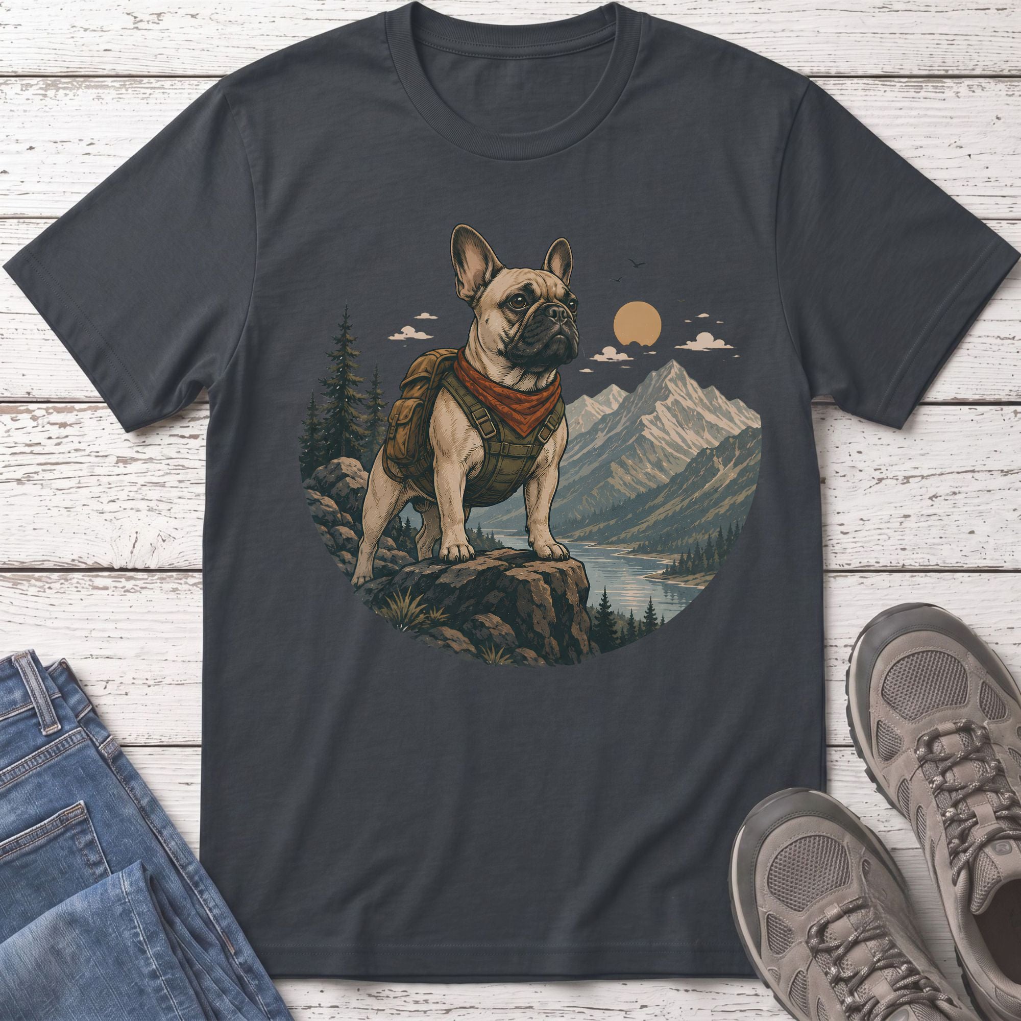 French bulldog wearing a backpack stands on a rock overlooking mountains and a lake.