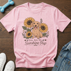 Pink t-shirt with a dachshund and sunflowers, text reads "You Are My Sunshine Pup".
