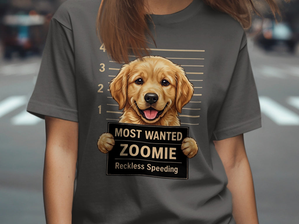 Golden retriever dog mugshot on a dark grey t-shirt reading "Most Wanted Zoomie"