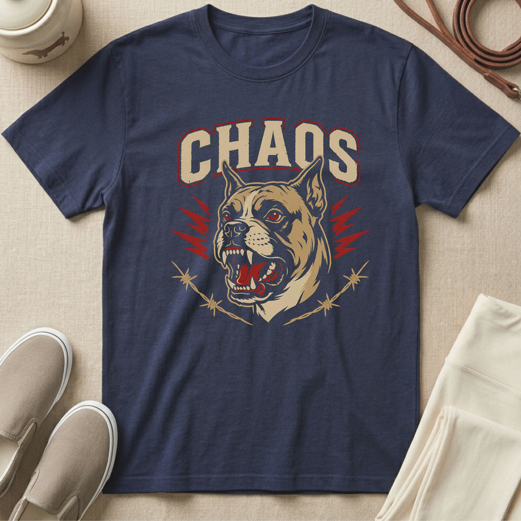 Dark blue t-shirt with a snarling dog head graphic and "CHAOS" text.