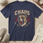Dark blue t-shirt with a snarling dog head graphic and "CHAOS" text.