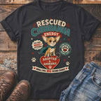 Dark t-shirt with a rescued Chihuahua wearing a cape, "Adopted & Adorable" text.