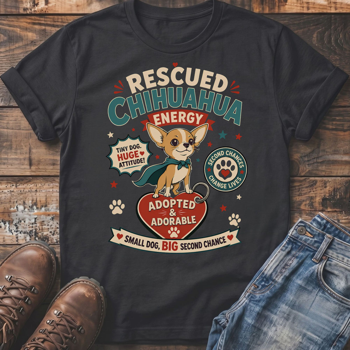 Dark t-shirt with a rescued Chihuahua wearing a cape, "Adopted & Adorable" text.
