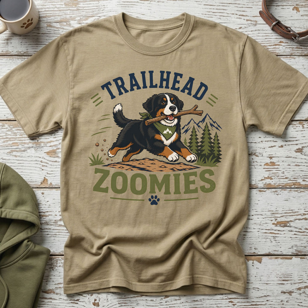 T-shirt with Bernese Mountain Dog and text "TRAILHEAD ZOOMIES"