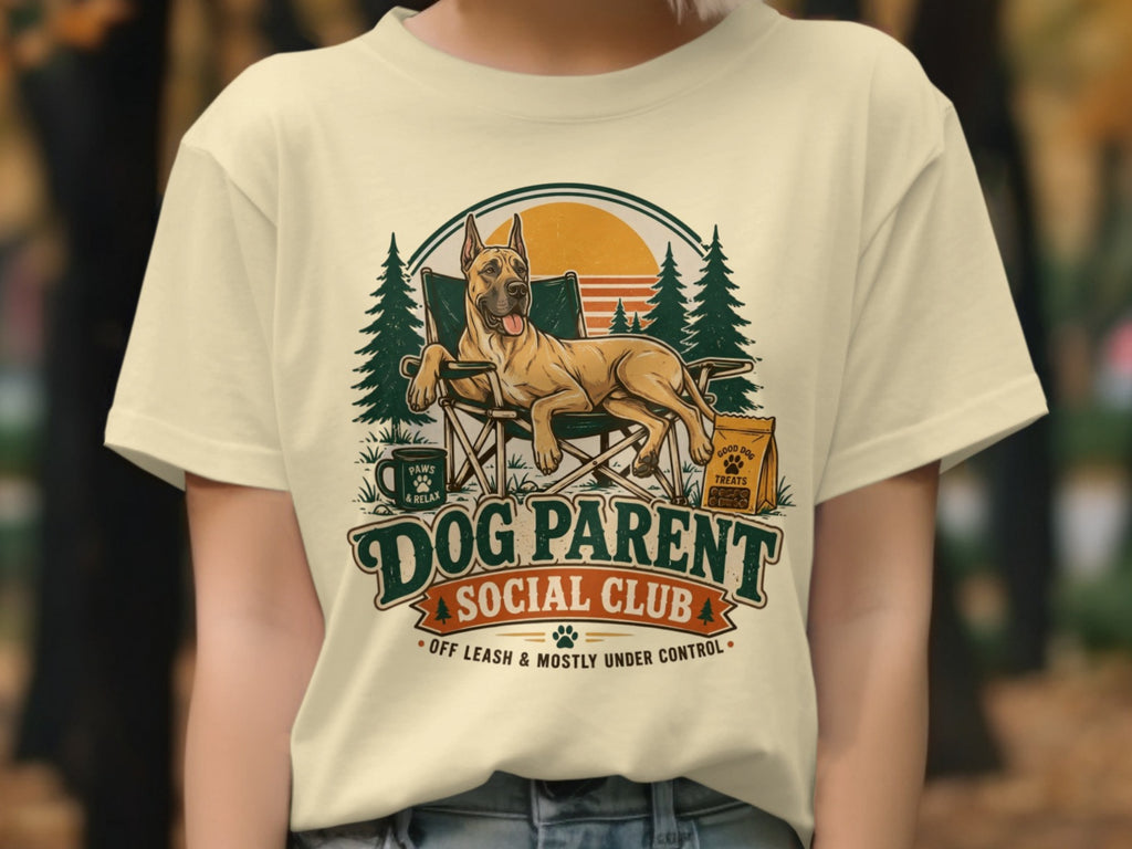 Great Dane relaxes in a camping chair with "Dog Parent Social Club" text.