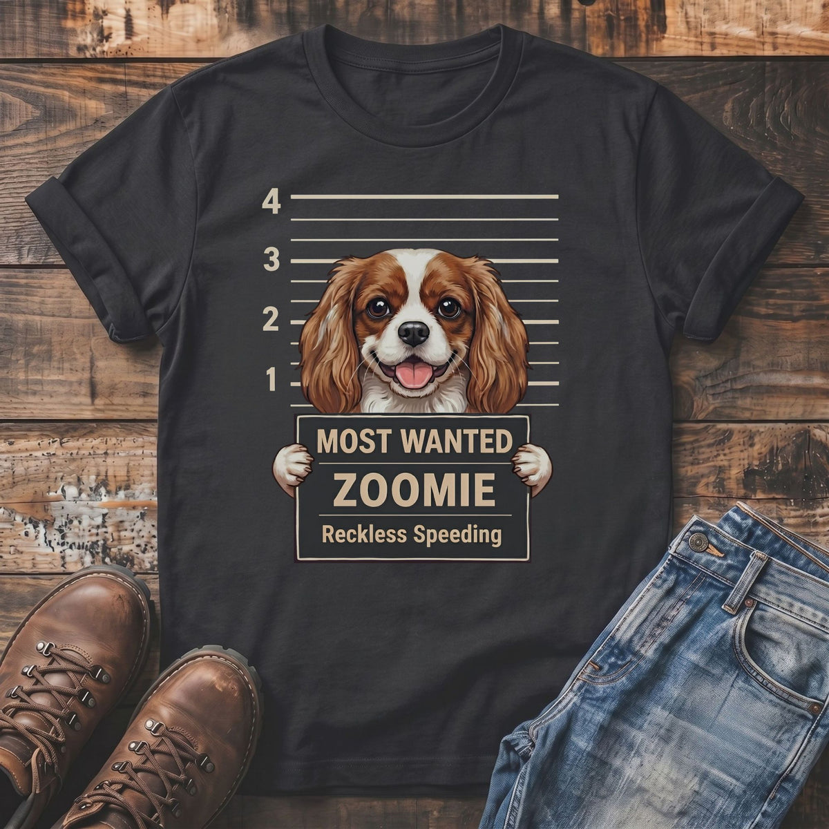 T-shirt graphic: Cavalier King Charles Spaniel mugshot reading "Most Wanted Zoomie Reckless Speeding".