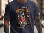 Pitbull with bandana and paw prints, saying "Rescue Pit Bulls", "Not the Breed The Deed".