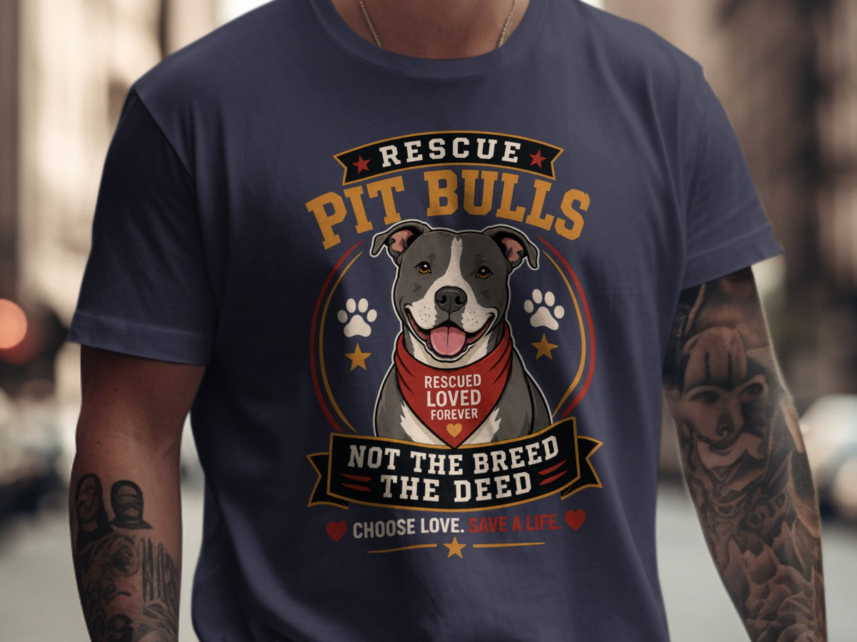 Pitbull with bandana and paw prints, saying "Rescue Pit Bulls", "Not the Breed The Deed".