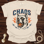 Light beige t-shirt with "CHAOS" text and a snarling dog graphic with barbed wire.