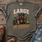 Gray t-shirt with Rottweiler graphic, "LARGE AND IN CHARGE" text, and dog tag.