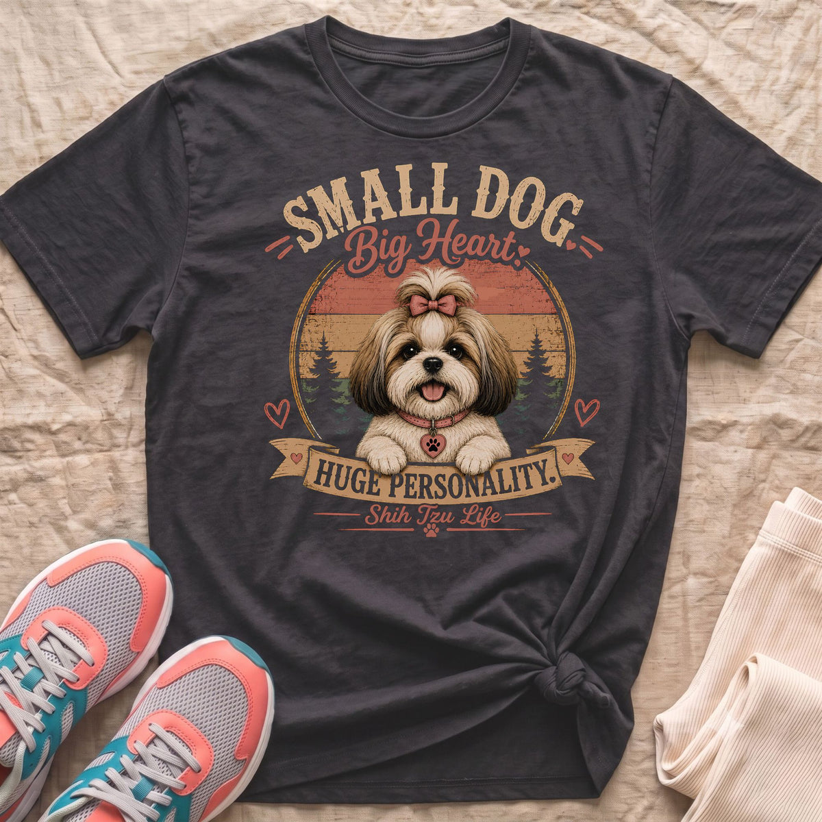 Dark grey t-shirt with "Small Dog Big Heart Huge Personality Shih Tzu Life" graphic.