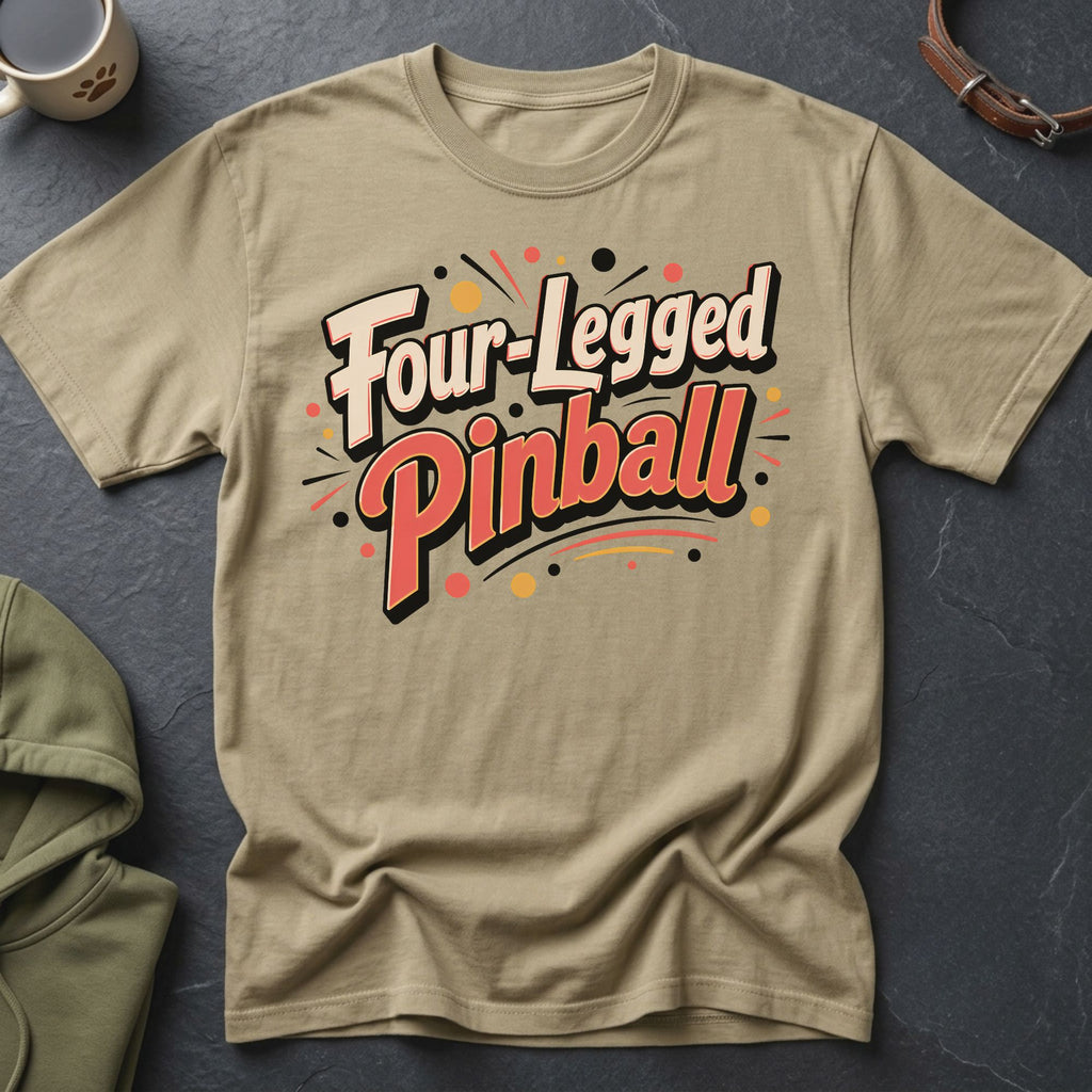 Tan t-shirt with "Four-Legged Pinball" text and graphic details.