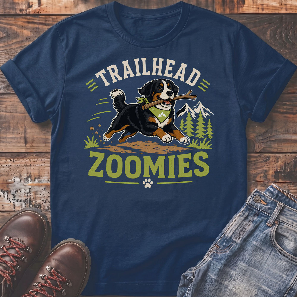Bernese Mountain Dog with stick and "Trailhead Zoomies" text on t-shirt.
