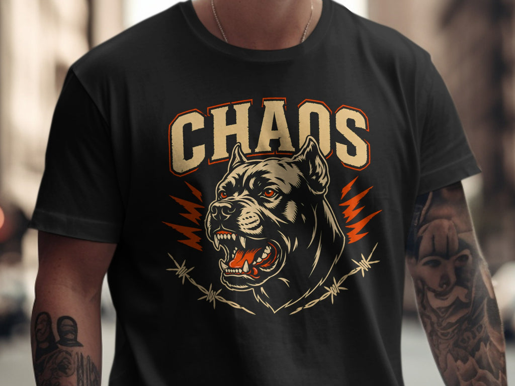 Black t-shirt with a snarling dog, barbed wire, and the word "CHAOS" in distressed lettering.