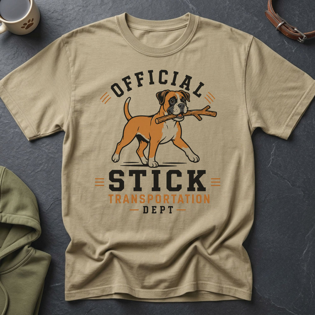 Tan t-shirt with a boxer dog carrying a stick and text "Official Stick Transportation Dept".