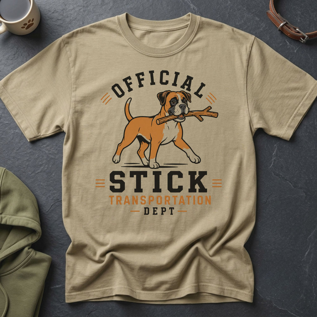 Tan t-shirt with a boxer dog carrying a stick and text "Official Stick Transportation Dept".