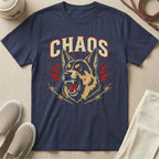Navy t-shirt with "CHAOS" text and snarling dog graphic.