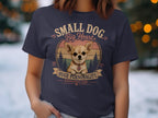 Chihuahua with "Small Dog. Big Heart. Huge Personality." text on a navy t-shirt.
