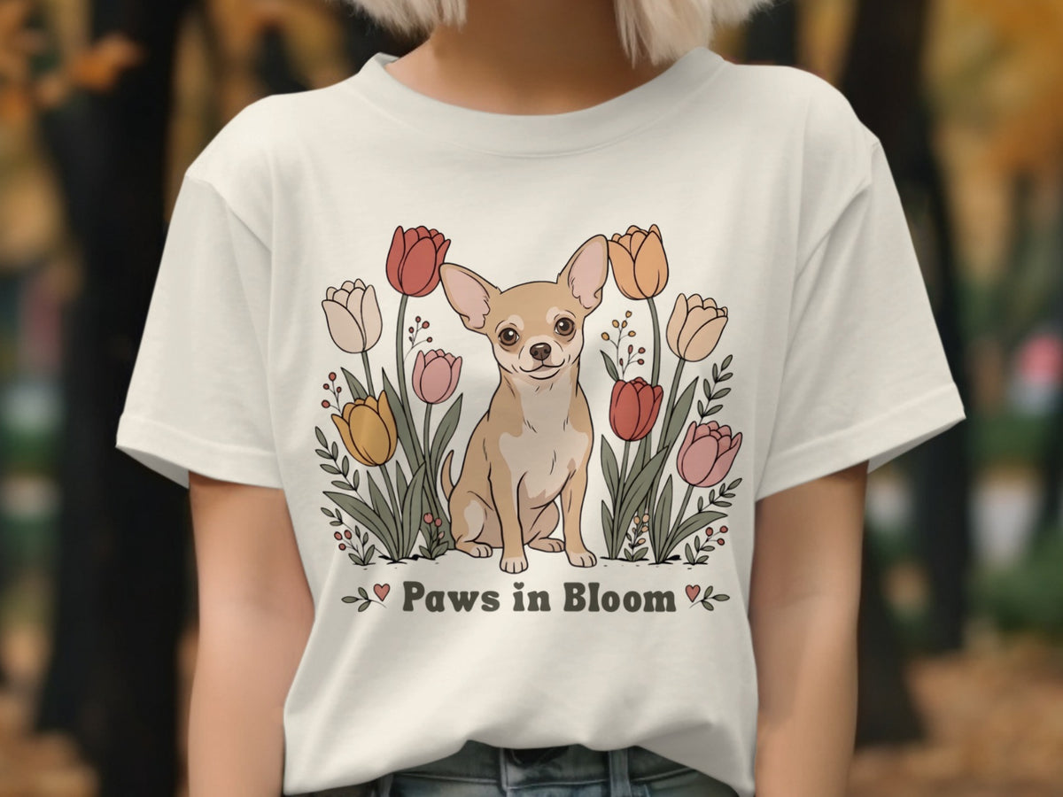Chihuahua sitting among tulips with "Paws in Bloom" text.