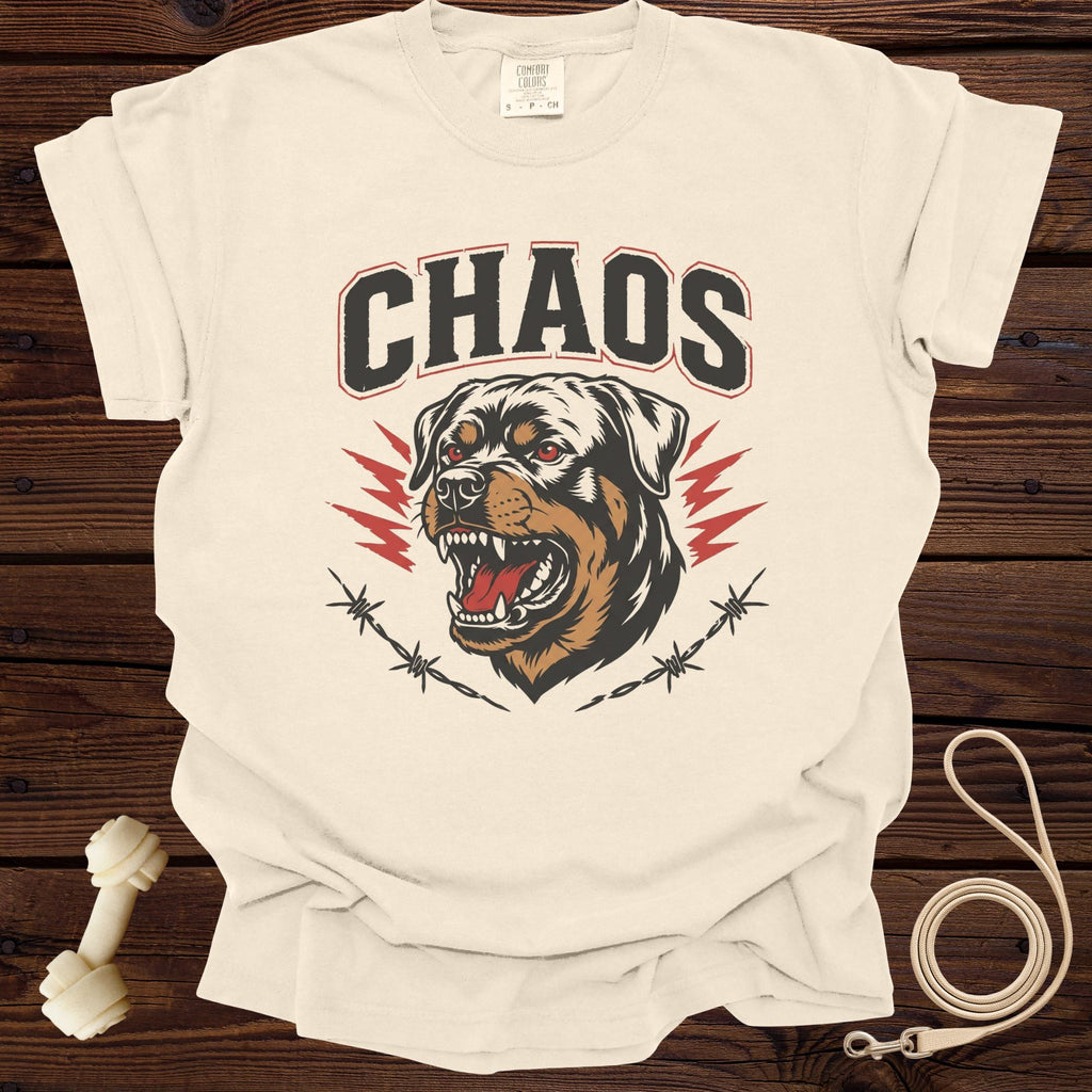 Cream t-shirt with "CHAOS" text and a Rottweiler graphic with barbed wire.