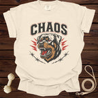 Cream t-shirt with "CHAOS" text and a Rottweiler graphic with barbed wire.