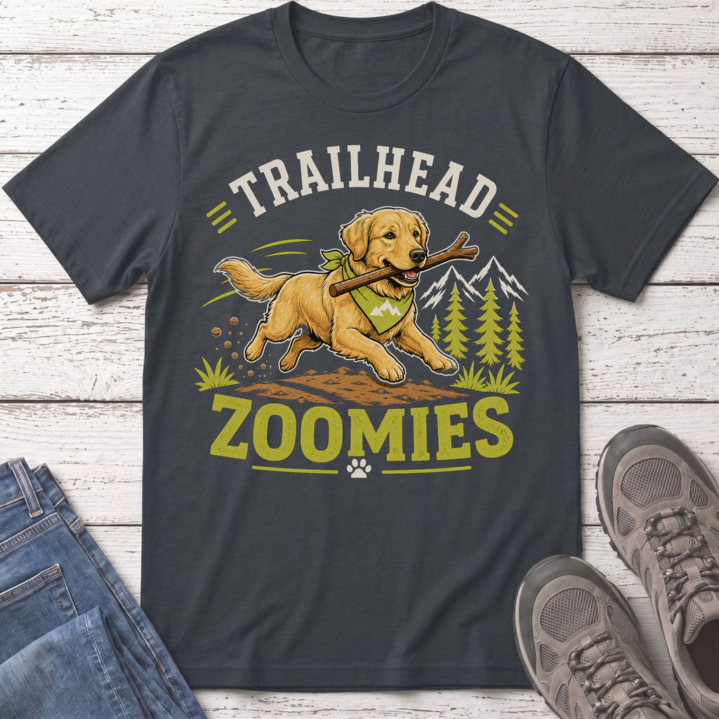 Golden retriever with stick runs through woods with "Trailhead Zoomies" text.