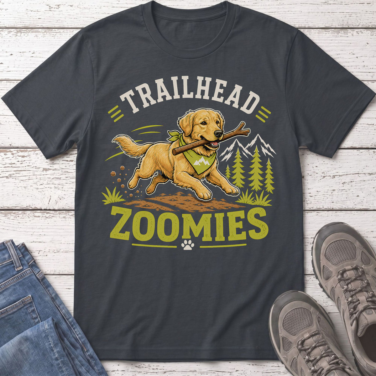 Golden retriever with stick runs through woods with "Trailhead Zoomies" text.