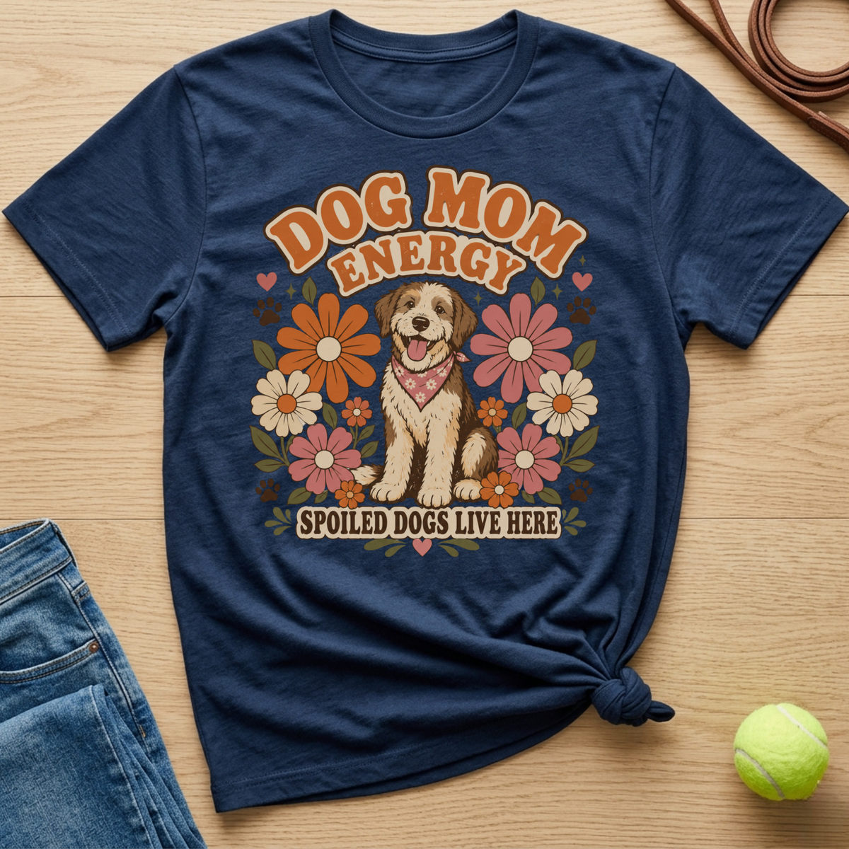 Navy t-shirt with "Dog Mom Energy" and "Spoiled Dogs Live Here" text and dog graphic.