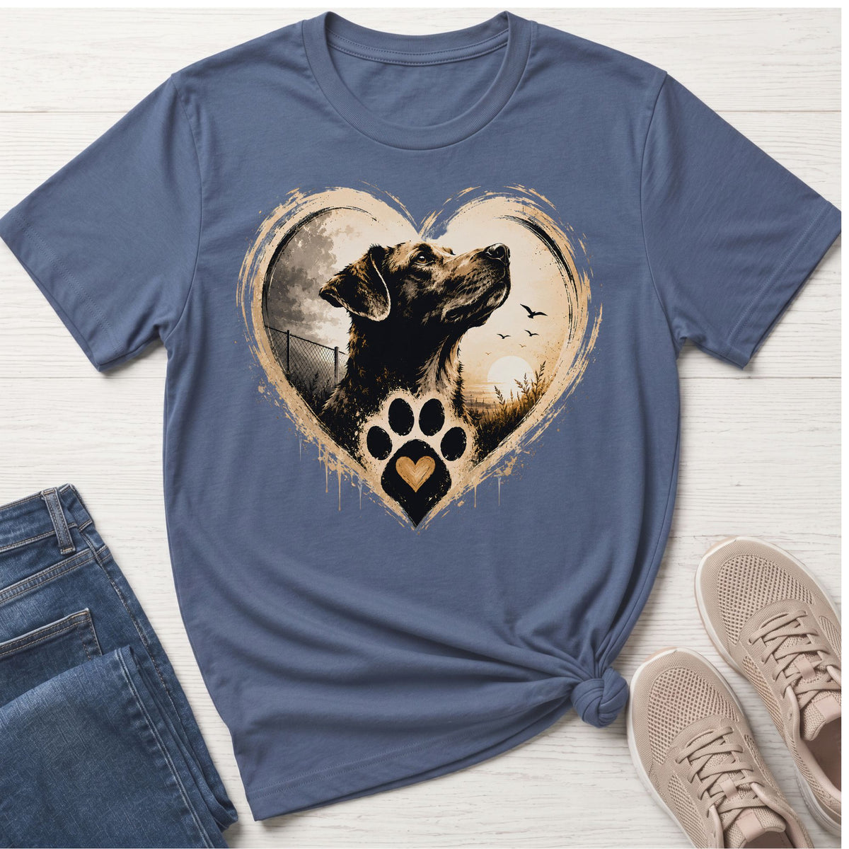 Dog portrait inside a heart with paw print on t-shirt.