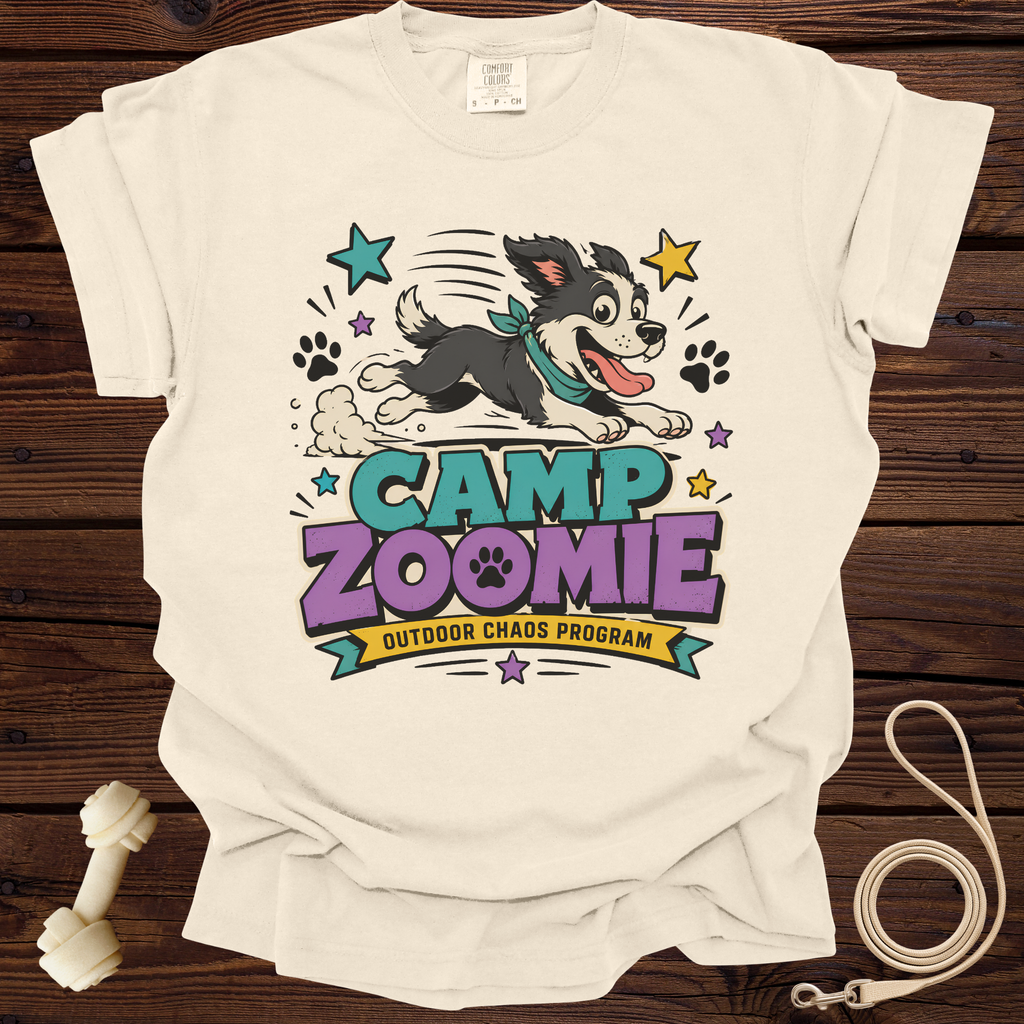 T-shirt with cartoon dog and "Camp Zoomie Outdoor Chaos Program" text.