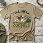Beagle running with stick on shirt graphic, with text "TRAILHEAD ZOOMIES".