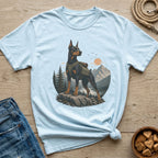 Light blue t-shirt featuring a Doberman with a backpack in a mountainous landscape.