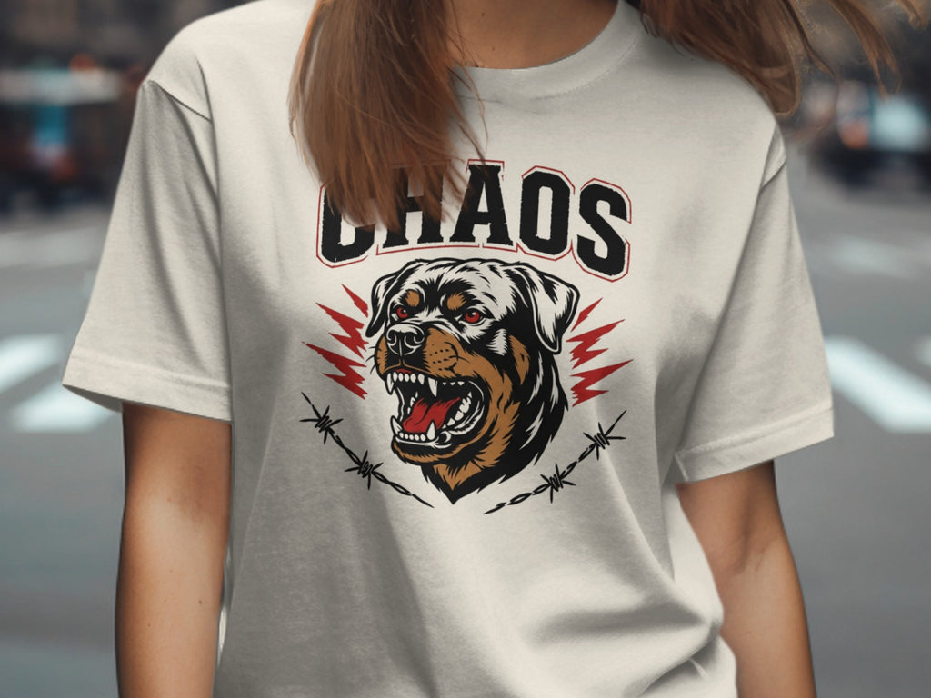 White t-shirt with "CHAOS" text and a snarling Rottweiler head design.