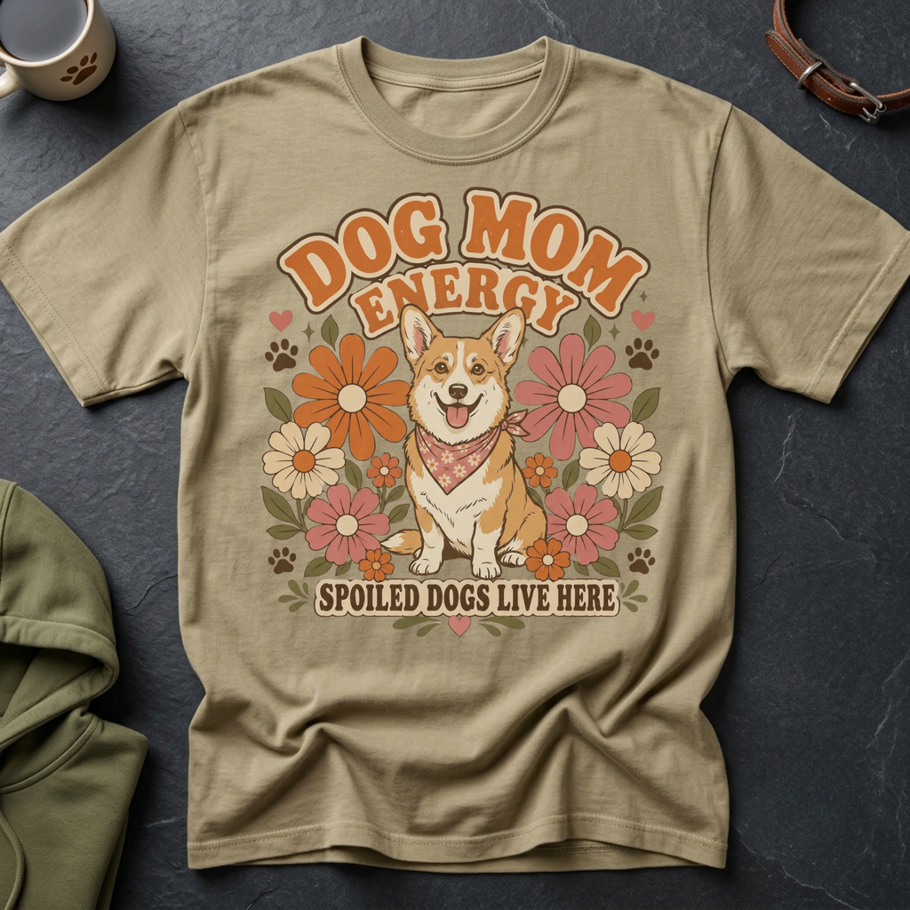 Tan t-shirt with "Dog Mom Energy Spoiled Dogs Live Here" text and a corgi.